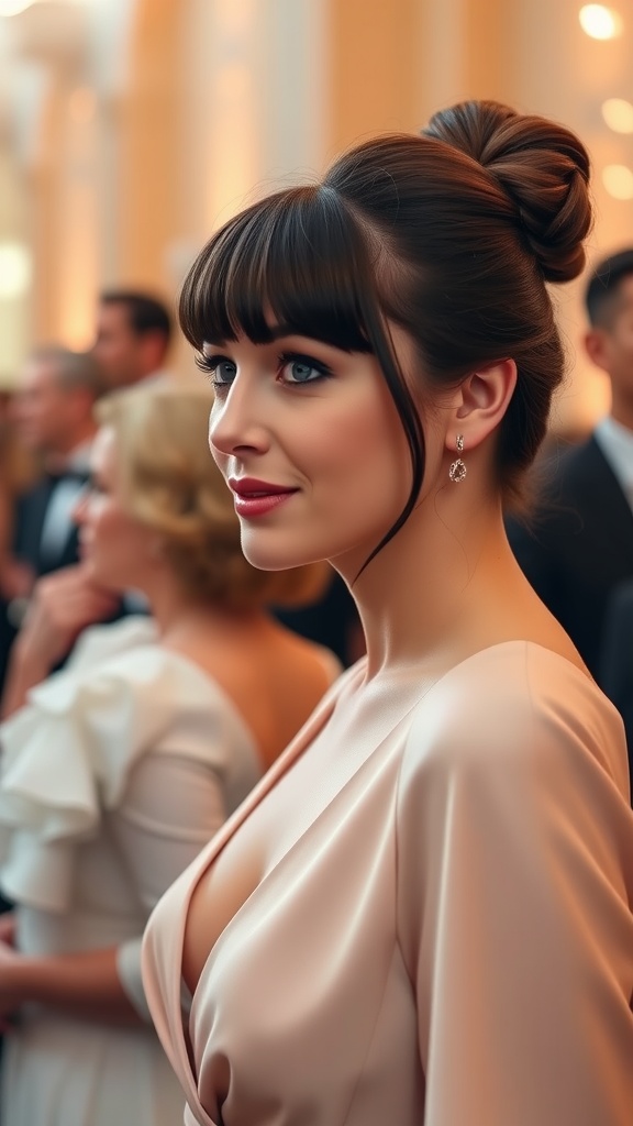 A woman with blunt bangs and a sleek bun, wearing an elegant outfit, standing in a classy setting.