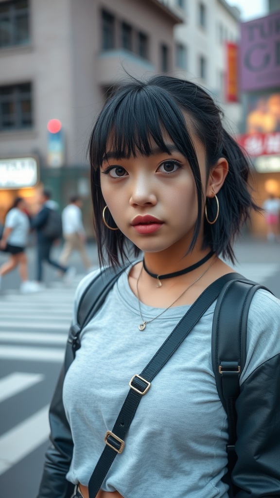 A woman with choppy bangs and a casual outfit, exuding an edgy style.