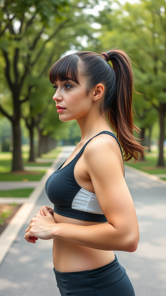 A woman with fringe bangs and a ponytail, dressed in athletic wear, standing in a park.