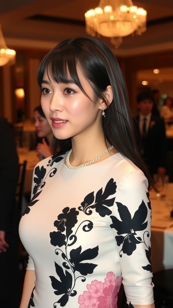 A woman with long side bangs and a straight cut hairstyle, wearing a floral dress.