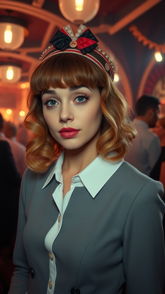 A woman with retro bangs and vintage waves, wearing a stylish outfit with a headband.