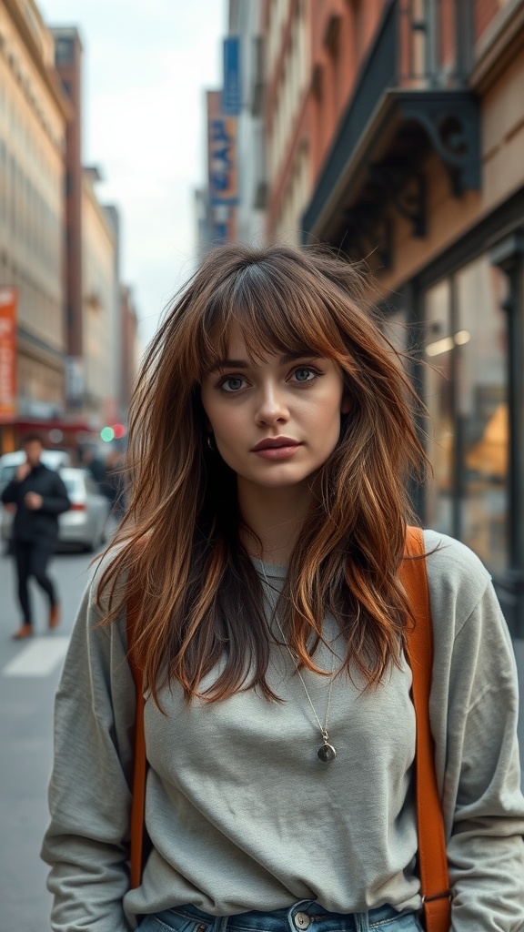 A woman with shaggy bangs and tousled layers, dressed in a casual outfit, standing in a city street.