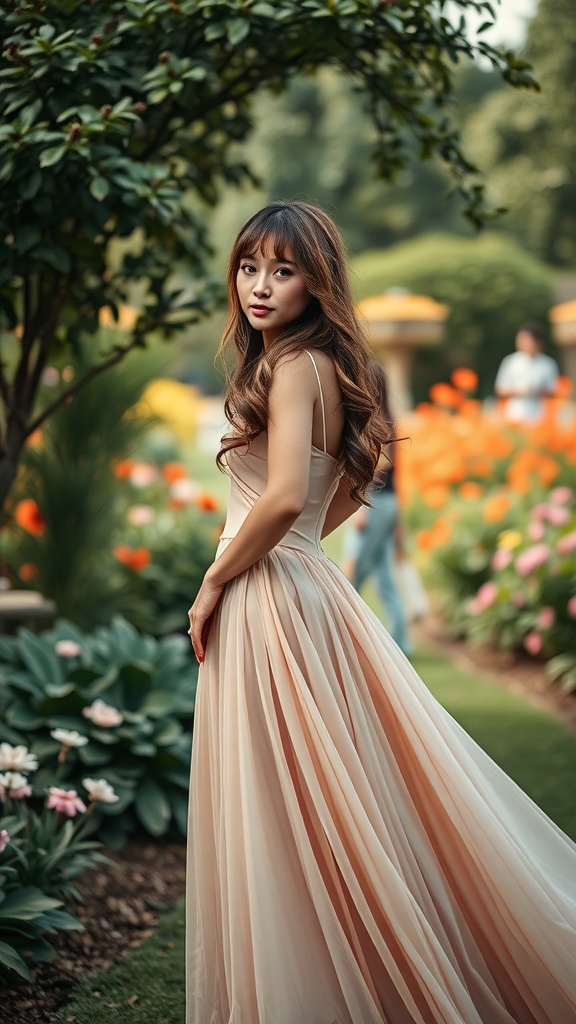 A woman with side-swept bangs and romantic curls in a garden setting.