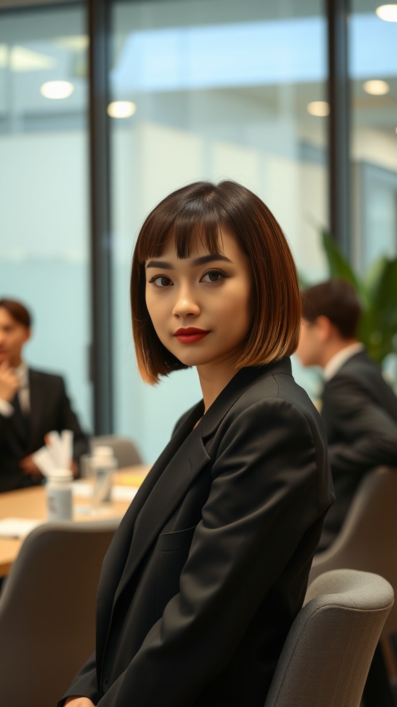 A woman with a sleek bob haircut and smooth bangs, dressed in a formal black suit, sitting at a table in a professional setting.