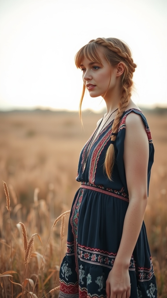 A woman with soft bangs wearing a braided crown hairstyle, standing in a field.