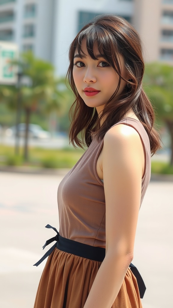 A woman with soft curtain bangs and loose waves, wearing a stylish outfit.
