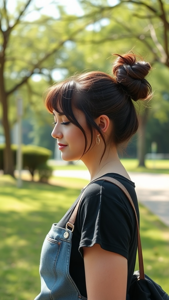 A woman with soft side bangs styled in a messy bun, wearing a black t-shirt and denim overalls, standing outdoors.