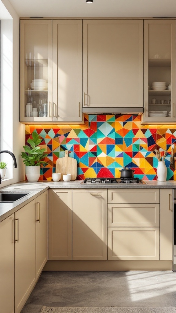 A kitchen featuring beige cabinets and a colorful geometric backsplash.