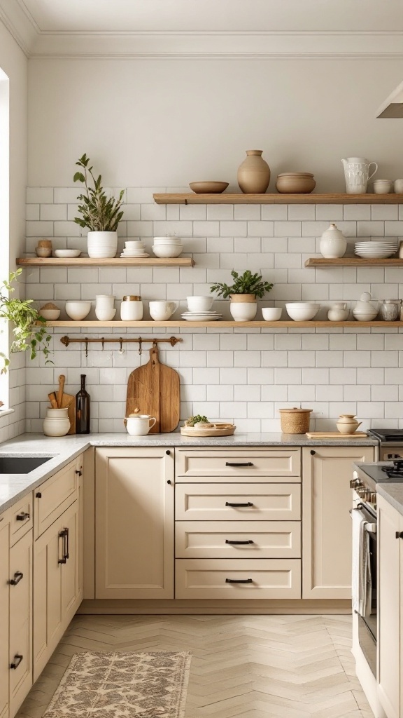 Kitchen featuring beige cabinets and open wooden shelving with various dishware and plants.