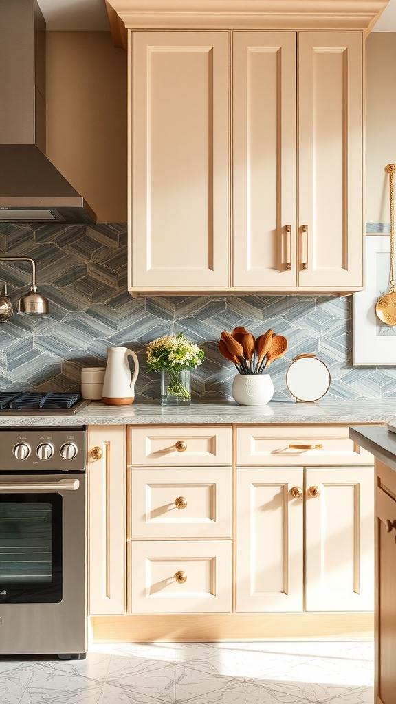 A stylish kitchen featuring beige cabinets with bold gold hardware, showcasing modern design elements.