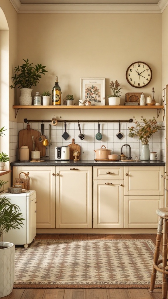 A cozy kitchen featuring beige cabinets, vintage accents, and decorative plants.