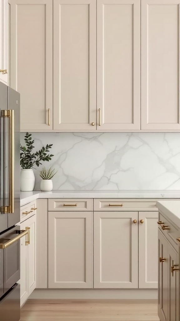 Classic Shaker style beige kitchen cabinets with gold hardware and a marble backsplash