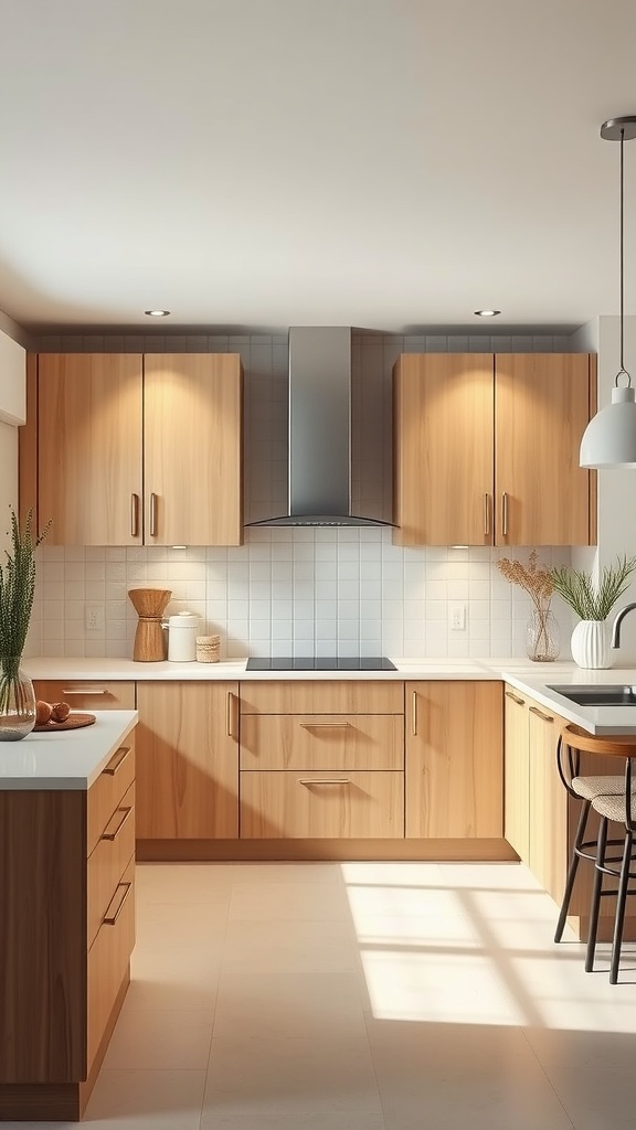 Contemporary kitchen featuring flat-panel beige cabinets, light countertops, and natural wood accents.