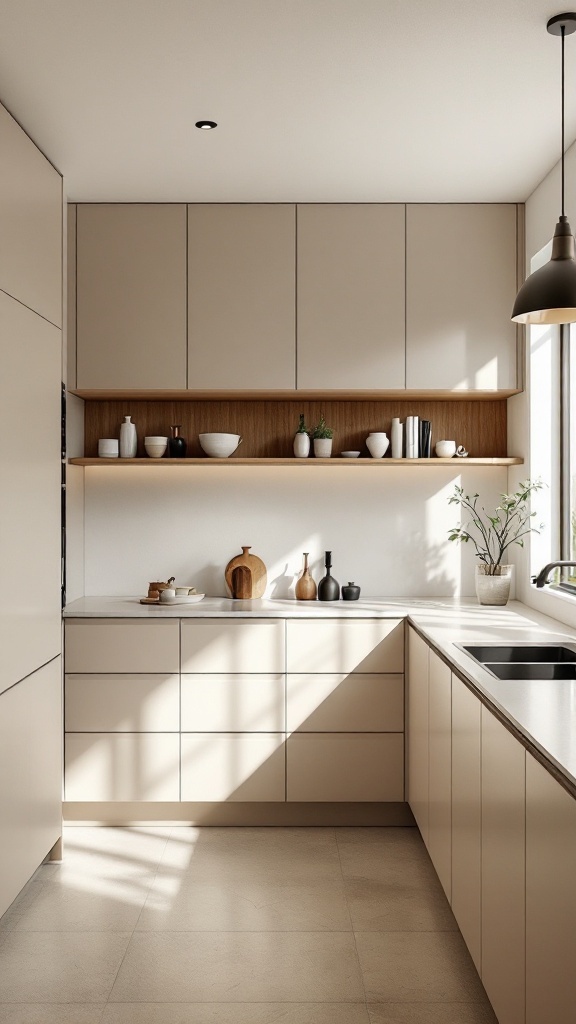 A modern kitchen with contemporary flat-panel beige cabinets, natural light streaming in, and decorative items.