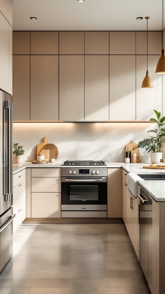 A contemporary kitchen featuring flat-panel beige cabinets, stainless steel appliances, and warm lighting.