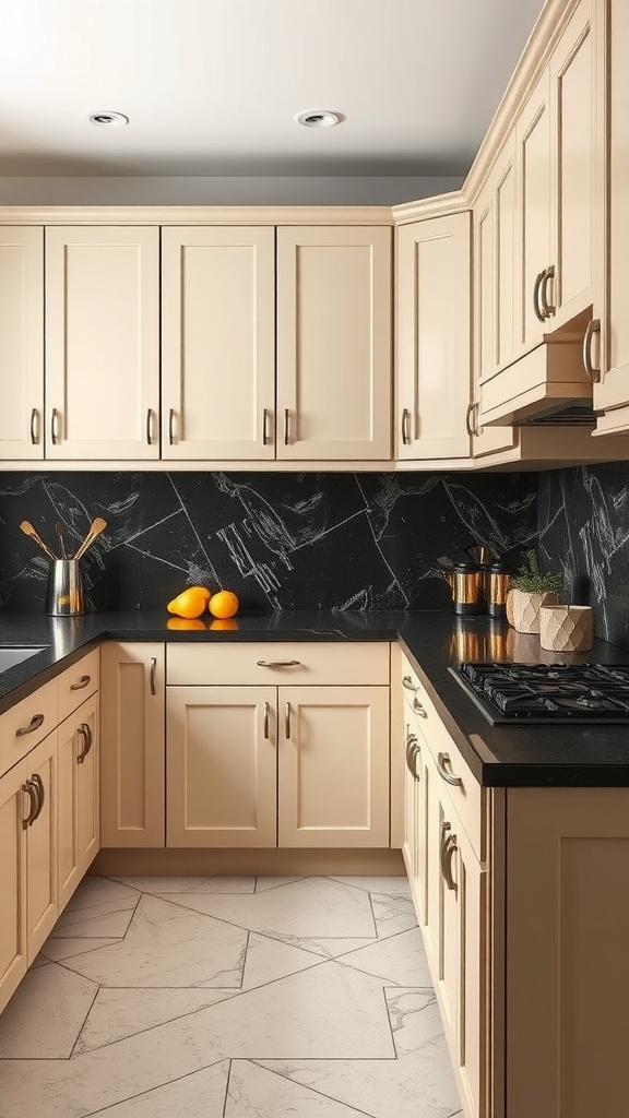 A modern kitchen featuring beige cabinets and contrasting black countertops.