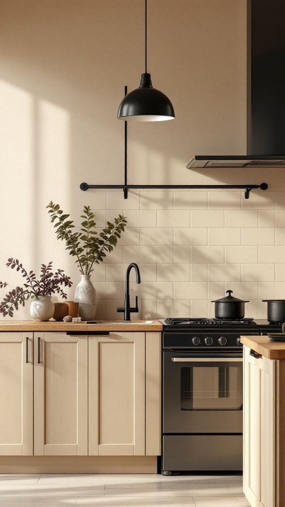 A cozy kitchen featuring beige cabinets and contrasting dark fixtures.