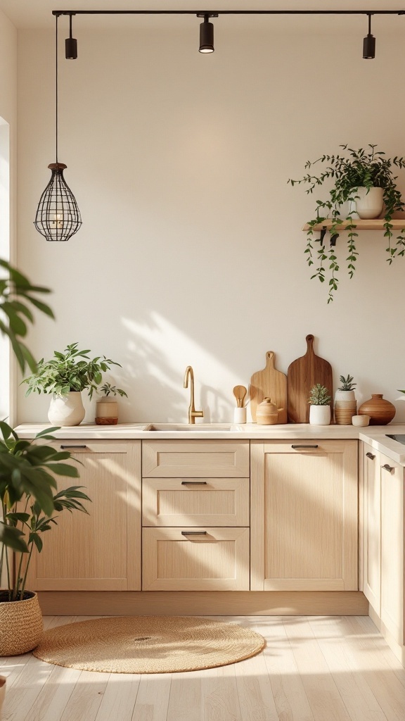 A cozy kitchen featuring beige cabinets and natural wood accents, complemented by plants and warm lighting.