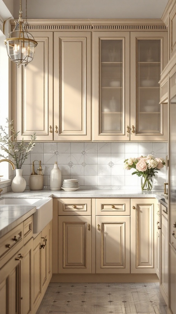 A kitchen featuring elegant glazed beige cabinets with glass doors, marble countertop, and decorative flowers.