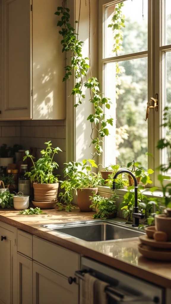 A bright kitchen with beige cabinets and an indoor herb garden on the windowsill.