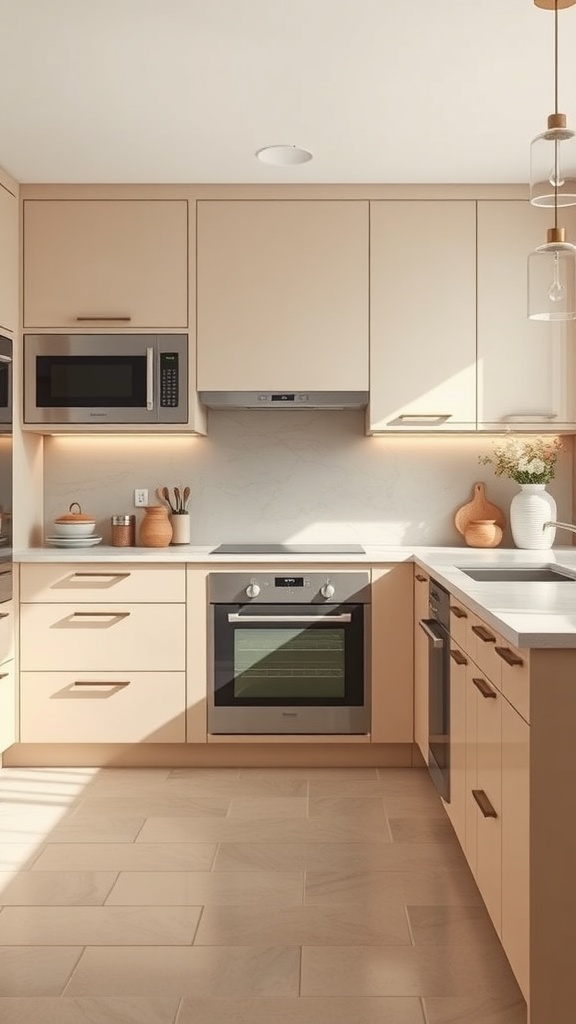 A modern kitchen featuring beige cabinets with integrated appliances, including a built-in microwave, oven, and sleek countertop.