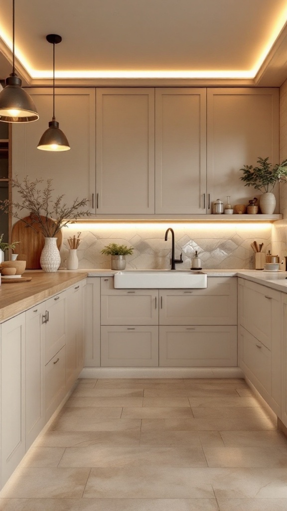 Cozy kitchen with beige cabinets featuring layered lighting