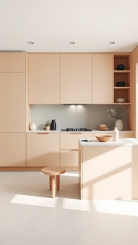 A minimalist kitchen featuring beige cabinets, a wooden stool, and simple decor.