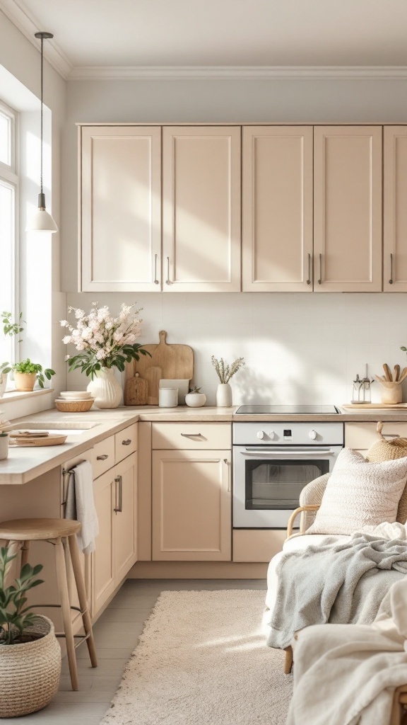 A cozy beige kitchen with pastel elements, wooden accents, and natural light.