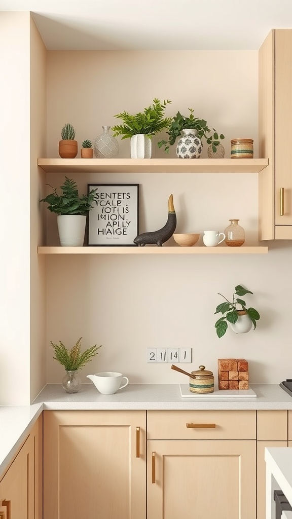 Open shelving in a beige kitchen with plants and decorative items