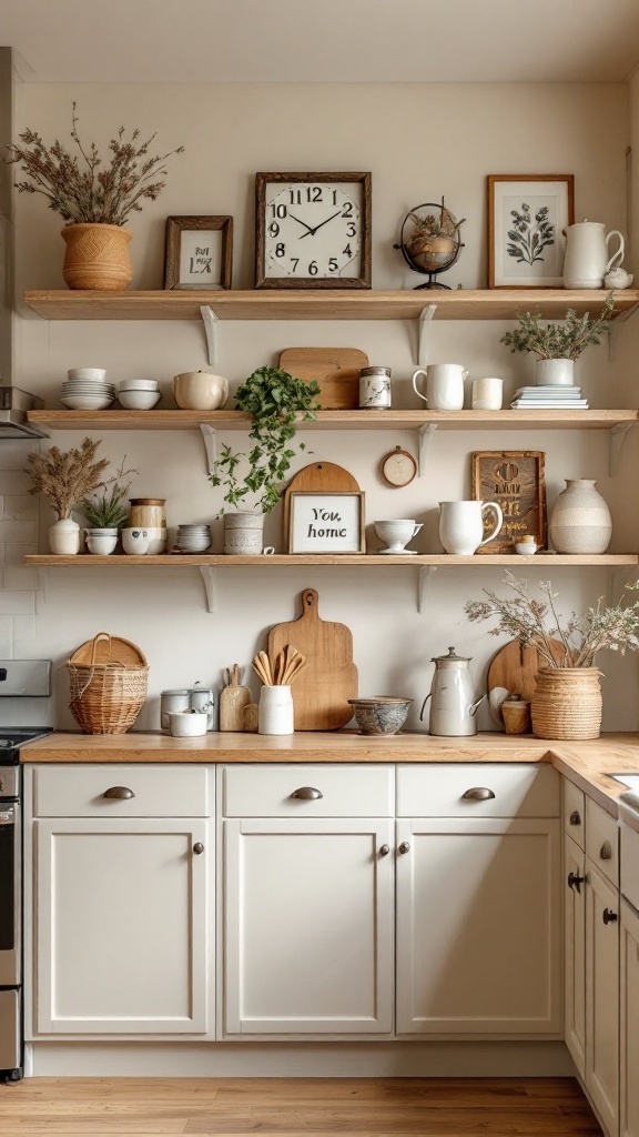 A cozy kitchen with open shelving displaying dishes, plants, and decorative items against beige cabinets.