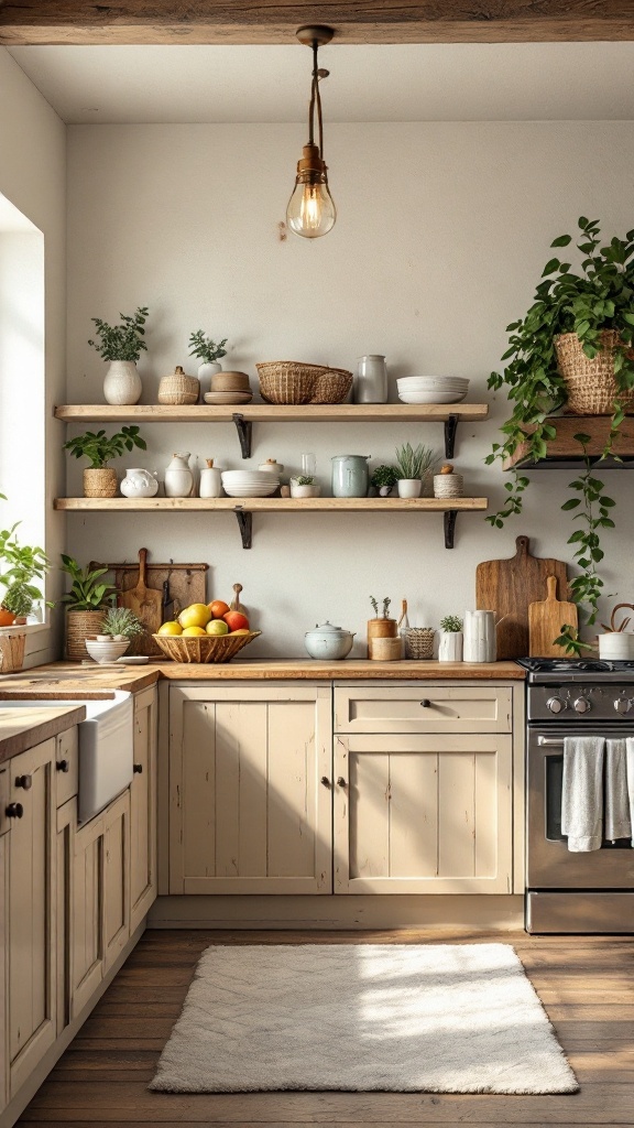 Rustic beige kitchen cabinets with weathered finishes, featuring open shelving and plants.