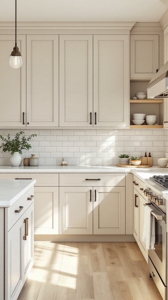 A kitchen featuring shaker-style beige cabinets with black hardware, open shelving, and a warm wood floor.