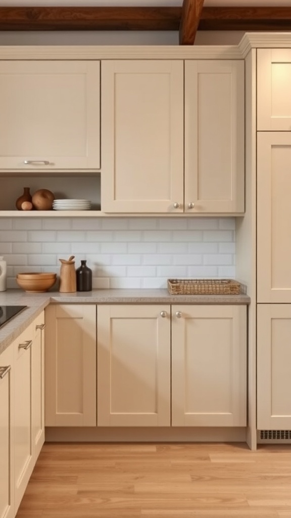 A close-up of beige shaker style kitchen cabinets with a light wood floor.