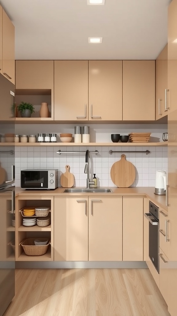 A contemporary kitchen with beige cabinets, featuring open shelves, a sink, and organized storage solutions.