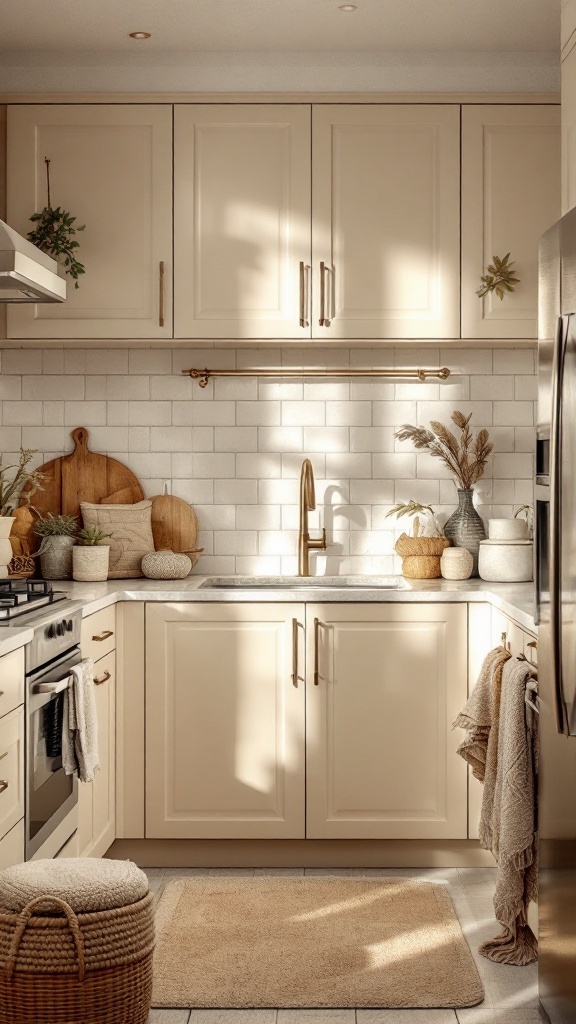 Cozy kitchen with beige cabinets featuring textured fabrics and warm textiles.