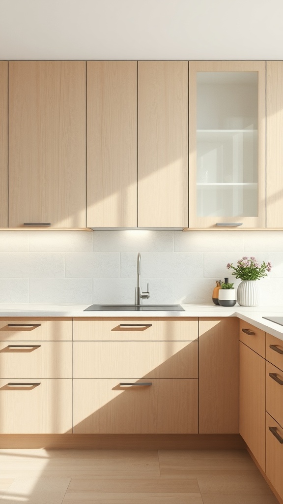 A modern kitchen with beige cabinets, featuring textured finishes and a stylish sink area.