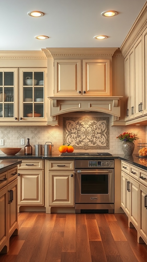 Traditional raised panel beige kitchen cabinets with dark countertop and warm wooden flooring.