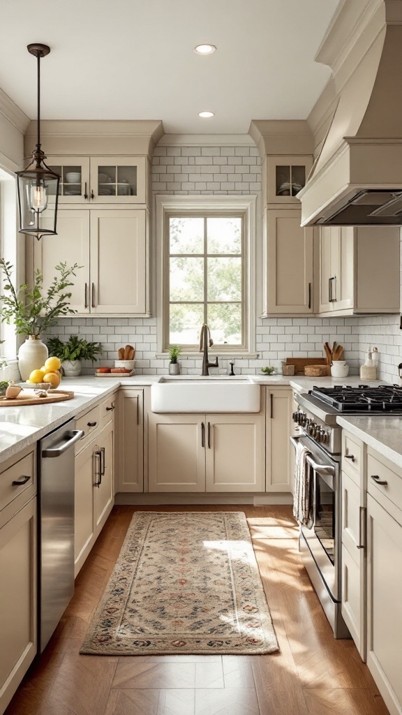 A stylish kitchen featuring beige transitional cabinets, a farmhouse sink, and a bright window.