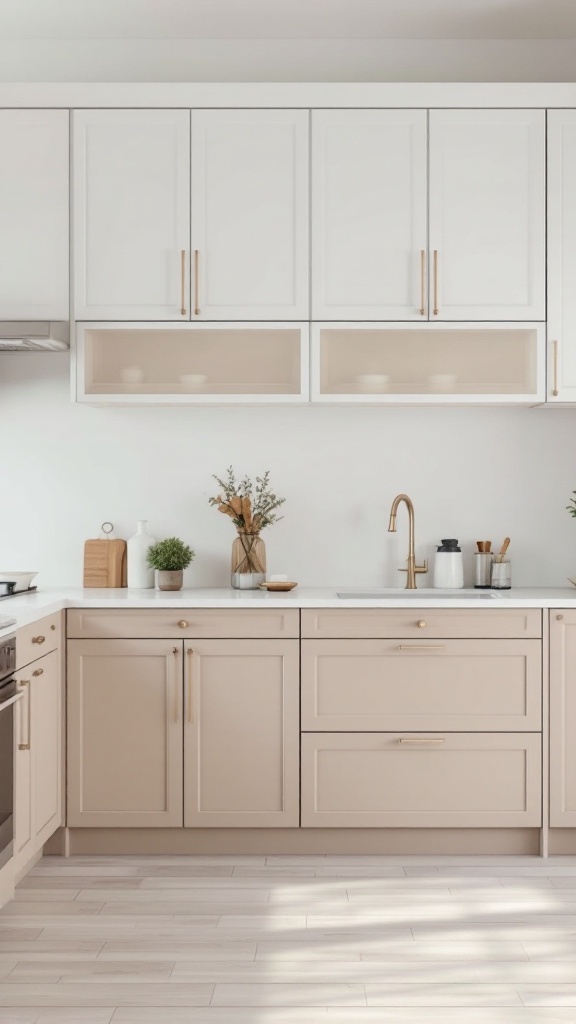 A kitchen featuring two-tone beige and white cabinetry with gold hardware and decorative plants.