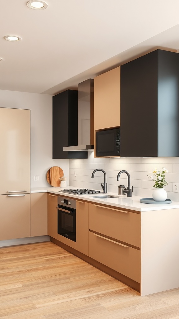 A modern kitchen with two-tone cabinets, featuring beige lower cabinets and dark upper cabinets.