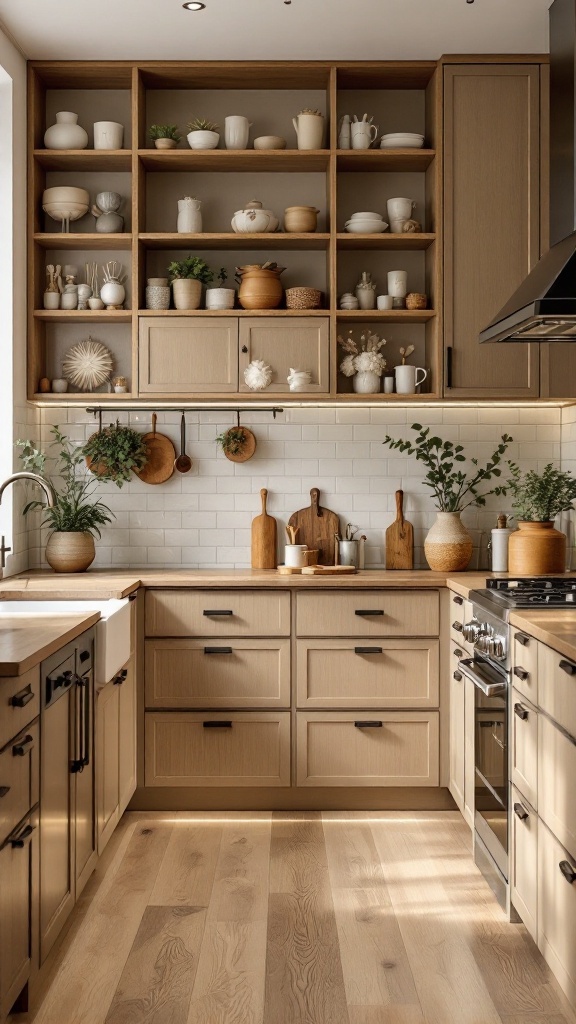 A kitchen with beige cabinets and dark accents, featuring open shelving and warm wooden elements.