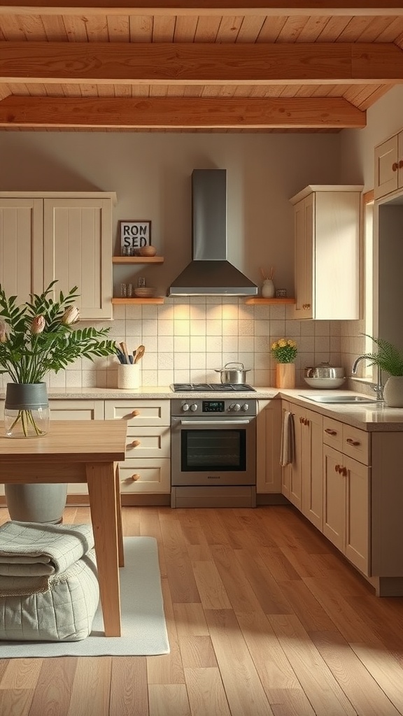 A cozy kitchen featuring beige cabinets, warm wood accents, and a wooden dining table.