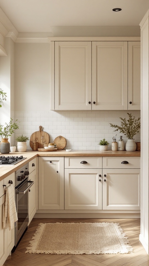 A cozy kitchen with beige cabinets, warm white accents, and natural decor.