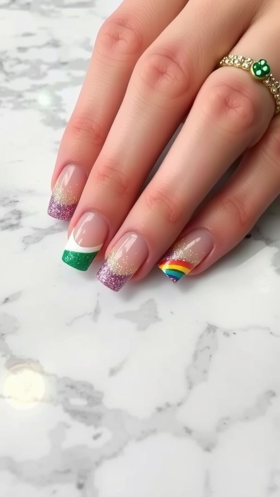 Glittery French tips with rainbow and green nails