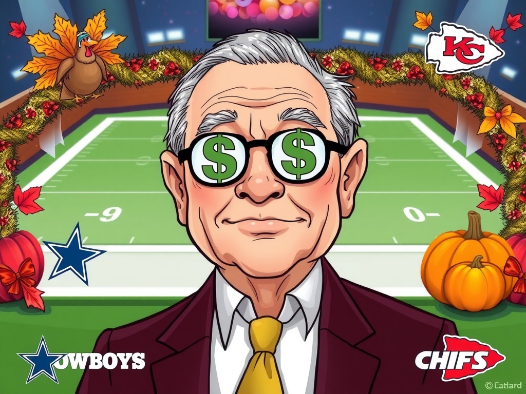 Cartoon of Jerry Jones with dollar signs on his glasses, surrounded by a football field and fans, promoting Cowboys vs. Chiefs on Thanksgiving