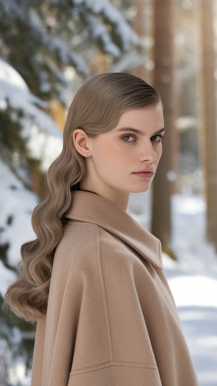 A woman with cool ash brown hair styled in waves, wearing a beige coat, set against a snowy forest backdrop.