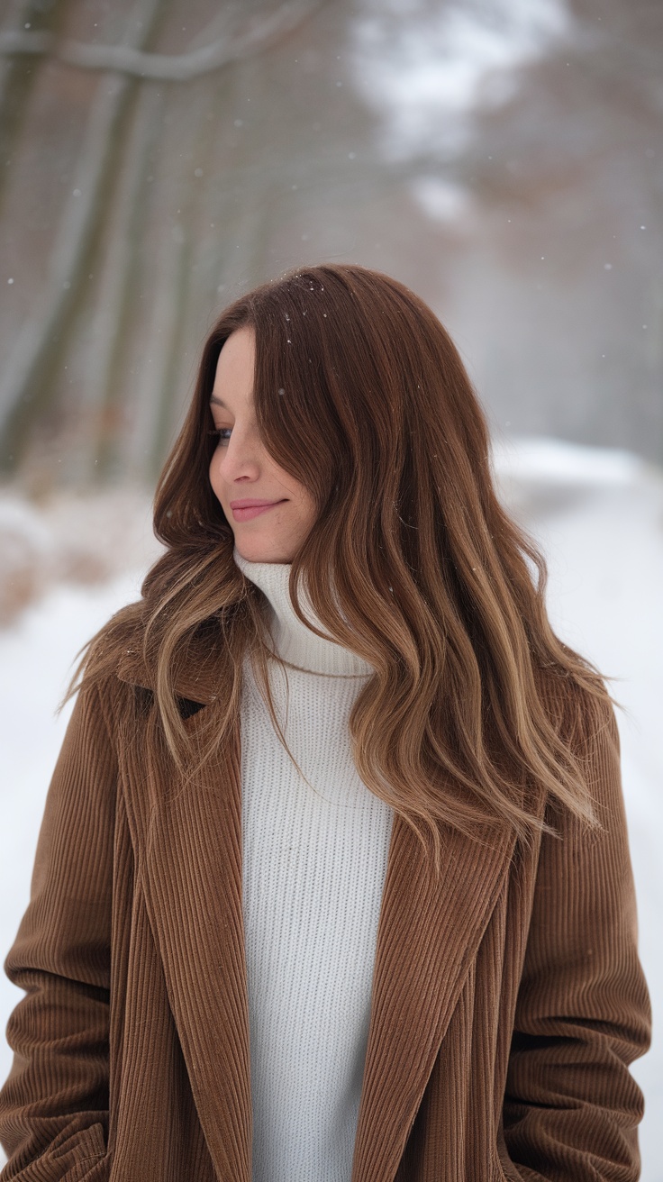 A woman with milk chocolate brown hair wearing a cozy sweater in a snowy landscape.