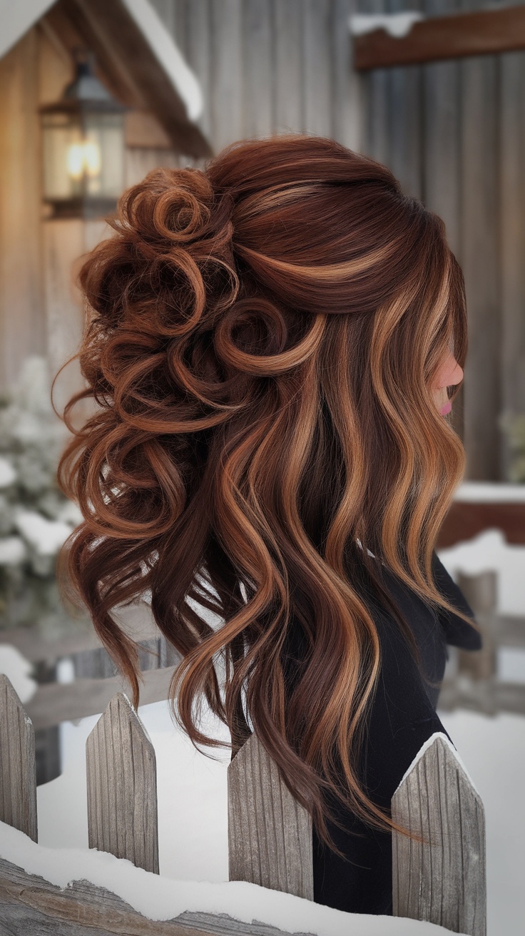 A hairstyle featuring rich chocolate hair with caramel lowlights, styled in curls.