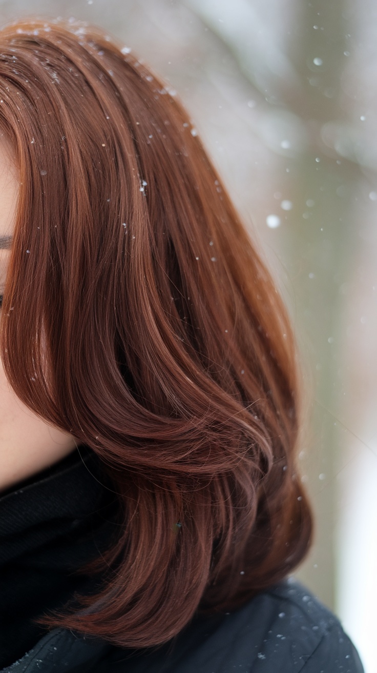 A close-up of rich mahogany brown hair with soft waves, lightly dusted with snow.