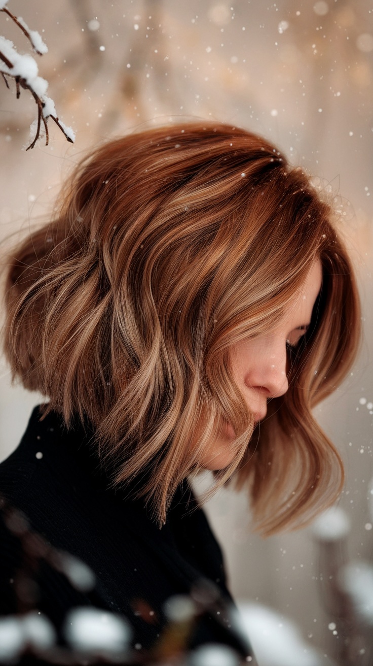 A woman with soft caramel brown bob hairstyle, surrounded by snowflakes.